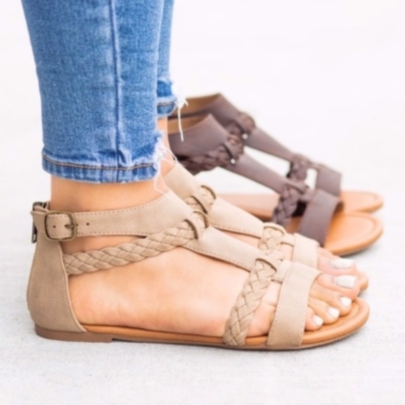 Taupe Vegan Leather Braided Buckle strap Sandal - Picture 2 of 3